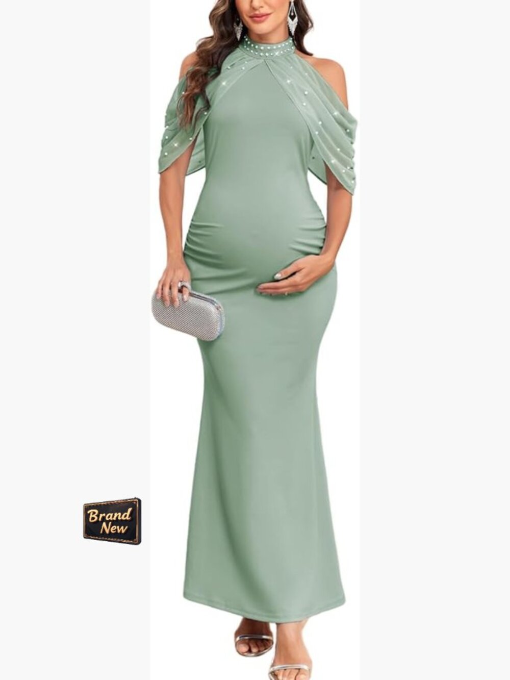 Maternity Mermaid Maxi Dress Ruched Cold Shoulder Halter Gown Baby Shower